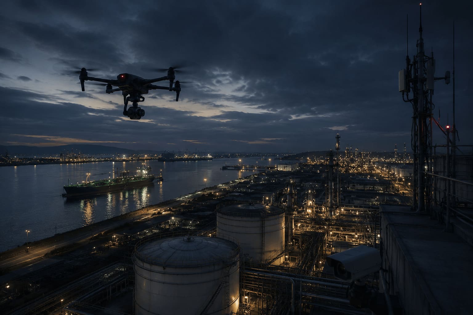 Operational coverage of port infrastructure at dusk
